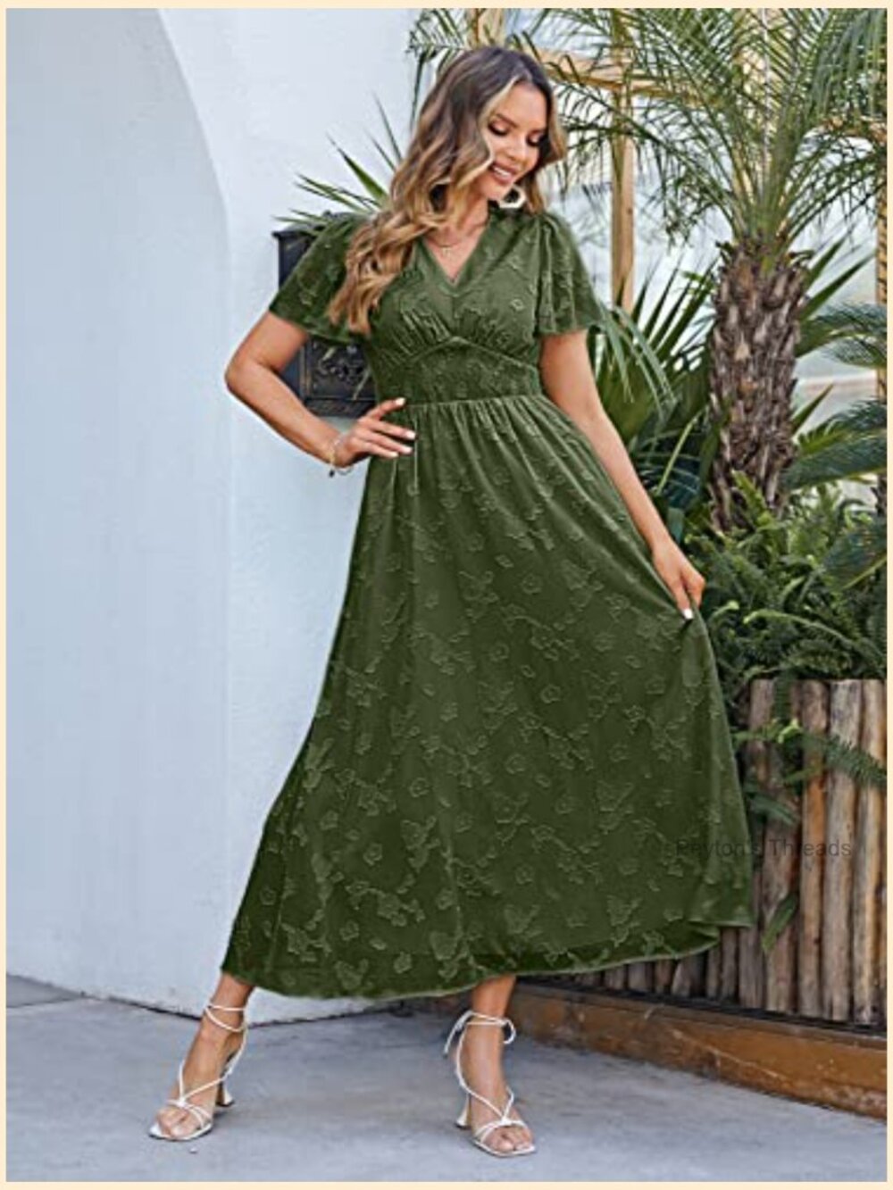 Women's Flowy Boho Floral Maxi Dress V-Neck Short Sleeve Smocked Waist Casual - Picture 2 of 7